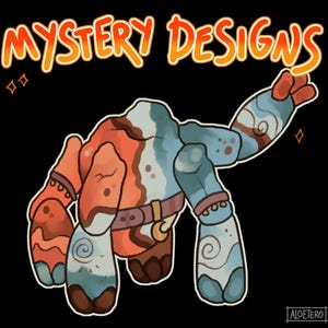 May include: Illustration of a creature with orange and blue coloring, a brown belt, and the text "MYSTERY DESIGNS" in orange. The creature has a unique design with swirls and patterns on its limbs, set against a black background.