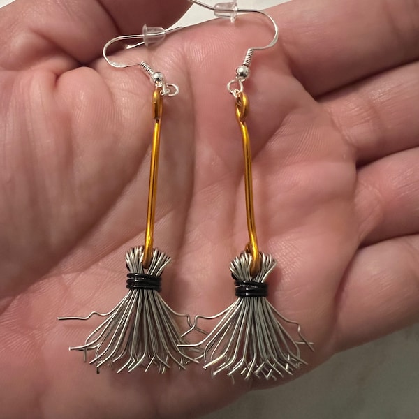 Handmade Broomstick Earrings-Custom Besom Earrings-Broom Earrings-Wire Wrapped Witchy Earrings-Broom Stick Earrings-Witchy Broom Earrings