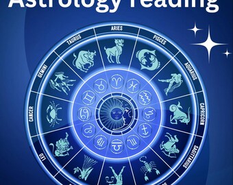 May include: A blue and white zodiac wheel with the 12 signs of the zodiac. The text "30 minute Astrology reading" is at the top of the image.