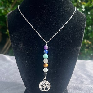7 Chakra Crystal Necklace: Stainless Steel Chain, Tree of Life Pendant