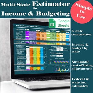 May include: A laptop computer screen displaying a Google Sheets spreadsheet titled "Multi-State Income & Budget Estimator". The spreadsheet includes a wage comparison table, monthly budget summary, and paycheck information. The spreadsheet is designed to help users compare income and budget across different states.
