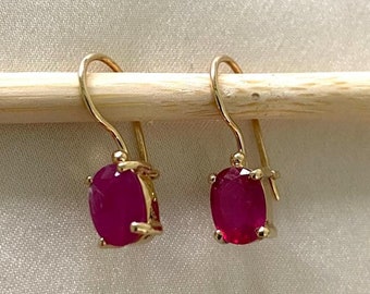 14K Solid Gold Handmade Ruby Gemstone Dangle Earrings - Birthday Gift