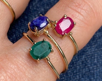 14K Solid Gold Gemstone Ring Ruby, Emerald, Sapphire - Birthday Gift
