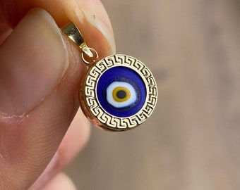 Evil Eye Necklace 14K Solid Gold / Greek Key Design Evil Eye Charm / Evil Eye Pendant / Gift For Her / Protection Jewelry