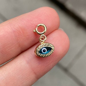 Evil Eye Charm 14K Solid Gold / Greek Key Design Evil Eye Pendant / Gift For Her / Birthday Gift / Spring Ring Closure For Chain