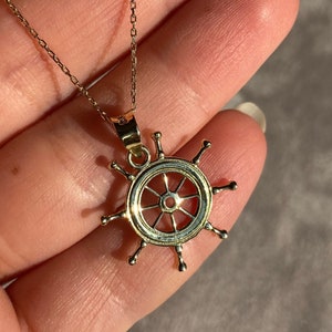 Dainty 14K Solid Gold Ship Wheel Necklace: Captain Jewelry