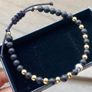 14K Solid Gold Matte Onyx Beaded Bracelet for Men