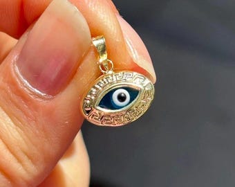 14K Solid Gold Evil Eye Necklace Greek Design Protection Pendant - Birthday Gift