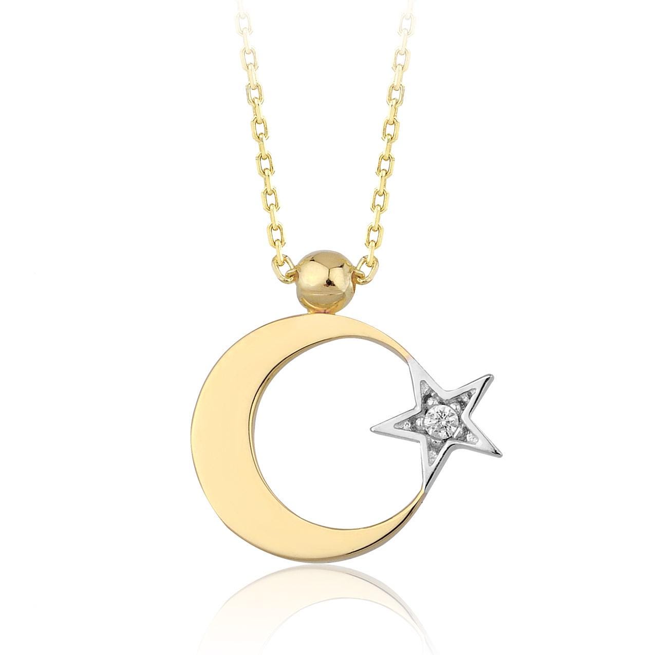 14K Solid Gold Diamond Moon Star Necklace: Delicate Celestial
