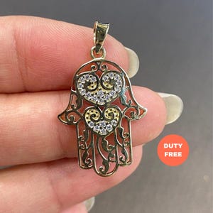 14K Solid Gold Hamsa Pendant: Fatima Hand Charm Necklace