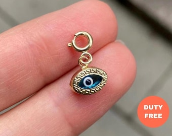 14K Solid Gold Evil Eye Charm Greek Key Pendant - Birthday Gift