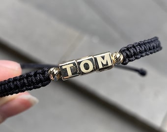 Pulsera de cubo para hombres 14K oro sólido 5MM 3 cubo letra hombres pulsera con cuerda / regalo para hombres pulsera de cubo de letra de oro real