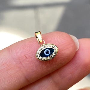 14K Solid Gold Evil Eye Pendant: Greek Key Protection Necklace