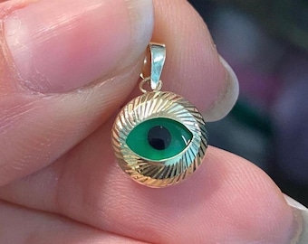 14K Solid Gold Green Evil Eye Pendant - Good Luck Charm - Birthday Gift