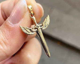 14K Solid Gold Archangel Michael Pendant: Sword Necklace