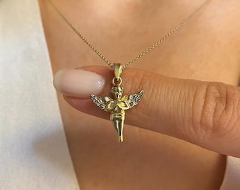 14K Solid Gold Angel Necklace Protection Jewelry - Birthday Gift