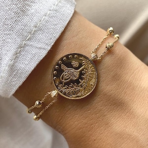Pulsera de moneda Reşat de oro de 22 quilates, joyería otomana de 14 quilates, regalo de cumpleaños imagen 1