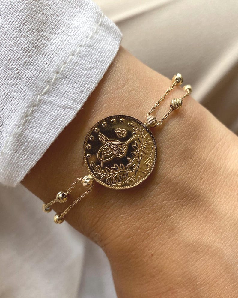 Pulsera de moneda Reşat de oro de 22 quilates, joyería otomana de 14 quilates, regalo de cumpleaños imagen 1