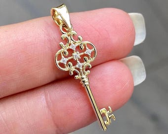 14K Solid Gold Key Pendant Necklace - Birthday Gift