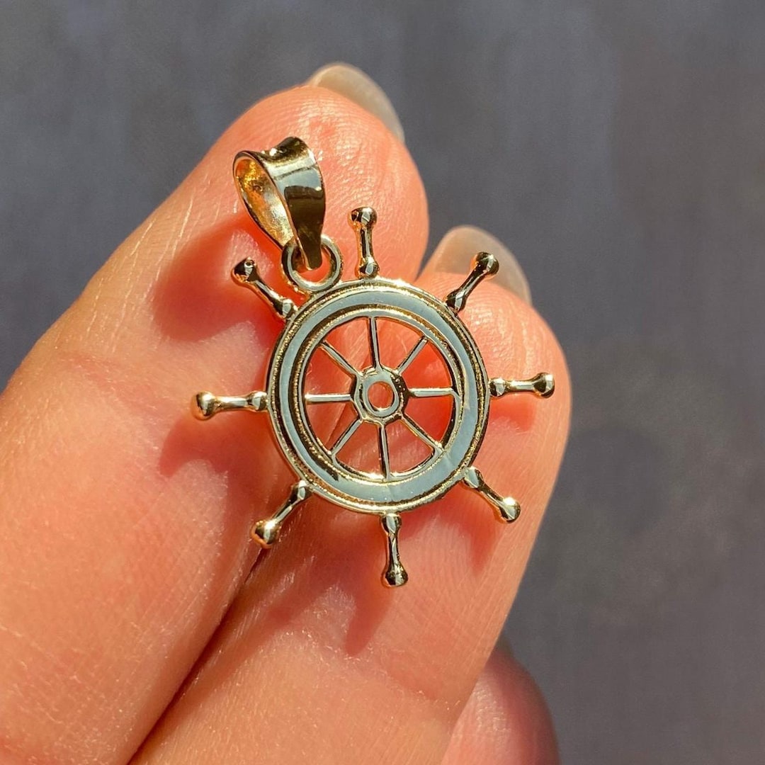Ship Steering Wheel Pendant 14K Solid Gold / Rudder Necklace With ...