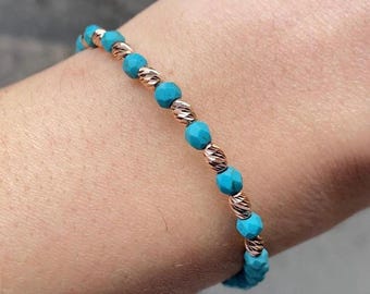 Bracelet en perles de 3 mm La Belle au bois dormant turquoise AAA en or massif 14 carats - Cadeau d'anniversaire
