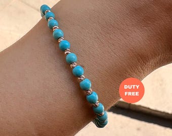 14K Solid Gold Turquoise Beaded Bracelet Healing Gemstone Jewelry - Birthday Gift
