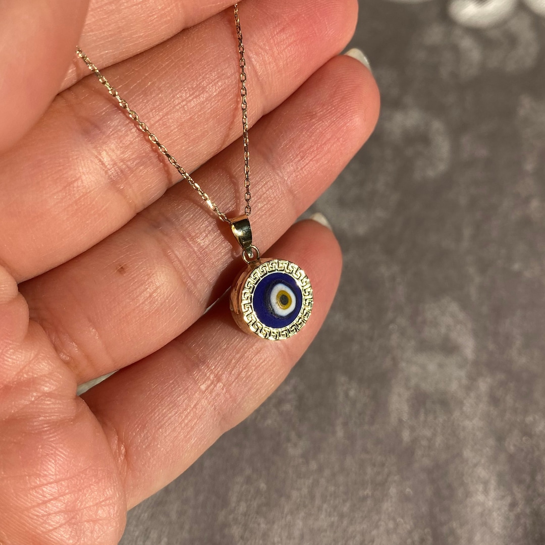 14K Solid Gold Evil Eye Necklace for Her / Good Luck Charm Protection