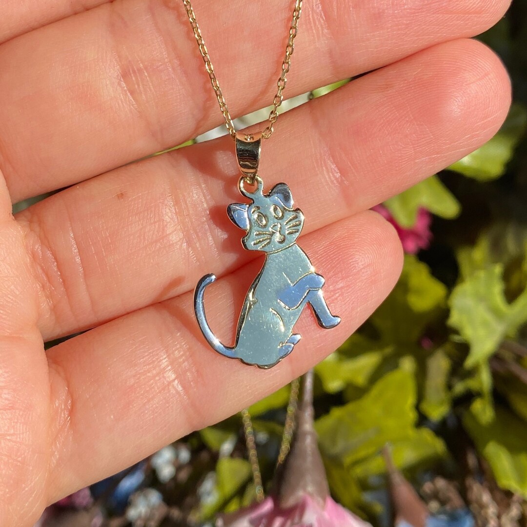 Cat Necklace 14K Solid Gold Real Gold Cat Necklace Gift Etsy