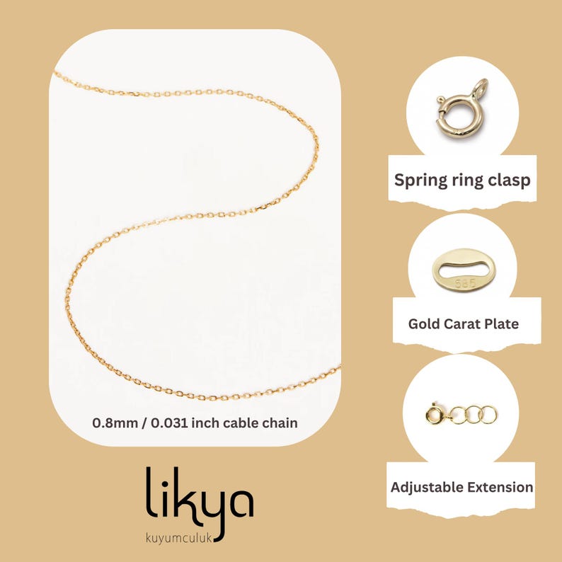 May include: A delicate gold cable chain necklace, 0.8mm or 0.031 inches thick, with a spring ring clasp and adjustable extension. The image also shows a gold carat plate. The brand name "Likya" is at the bottom.