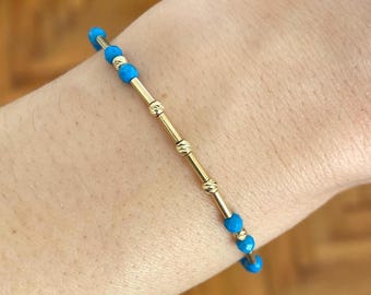 14K Solid Gold Turquoise Beaded Bracelet - Birthday Gift