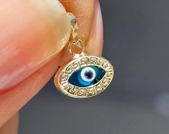 14K Solid Gold Evil Eye Necklace Double Sided Pendant - Birthday Gift