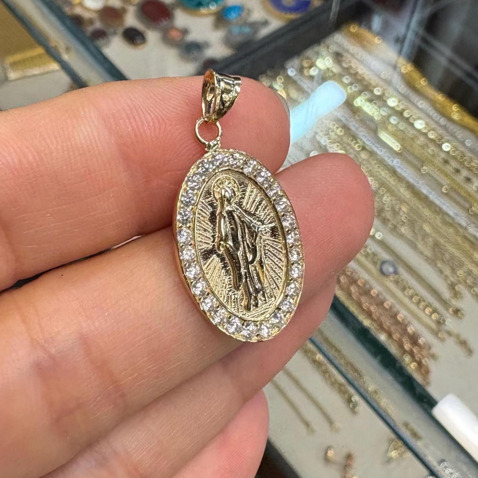 14K Solid Gold Virgin Mary Pendant Necklace Miraculous Medal Religious ...