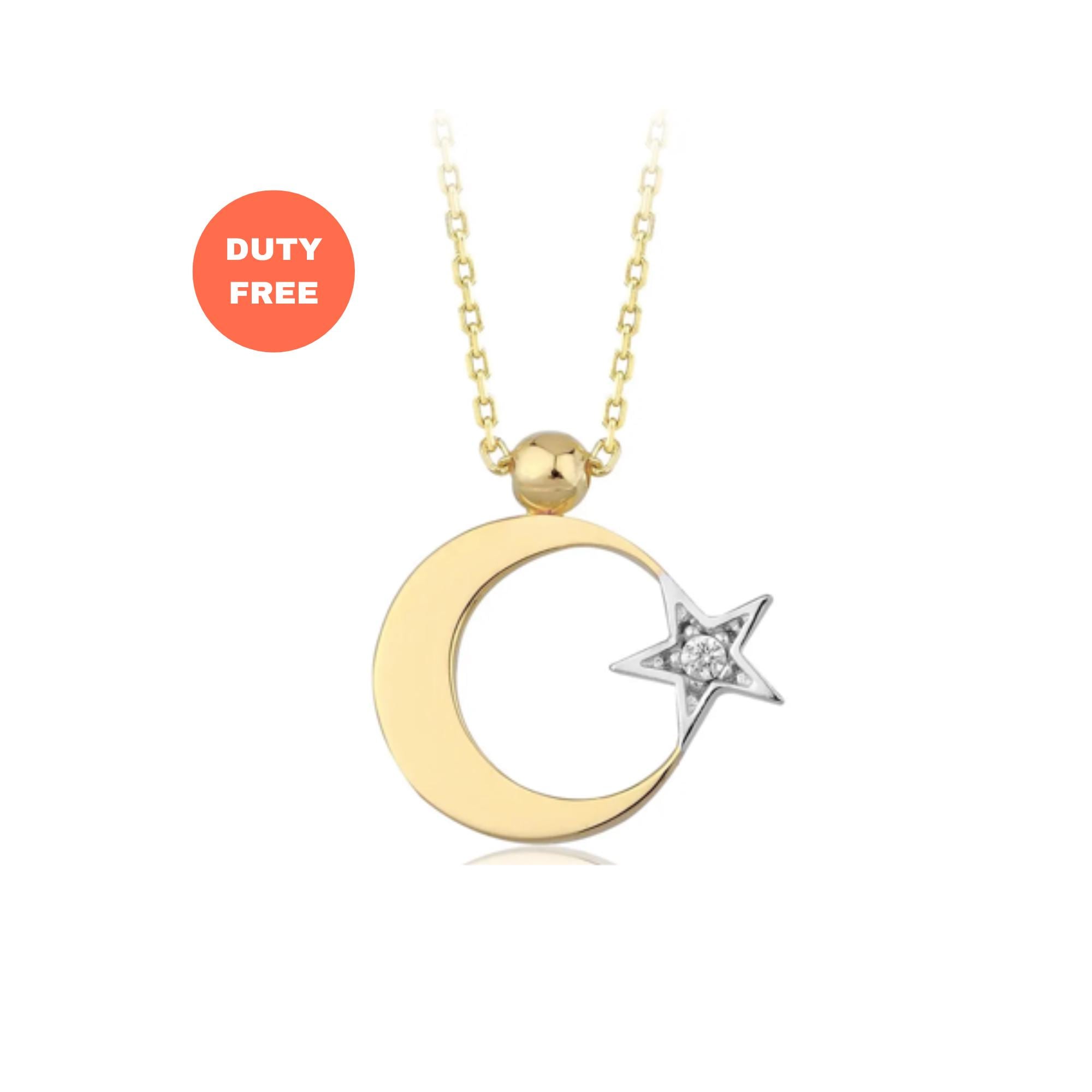14K Solid Gold Diamond Moon Star Necklace: Delicate Celestial