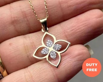 14K Solid Gold Flower Pendant Botanical Charm Necklace - Birthday Gift