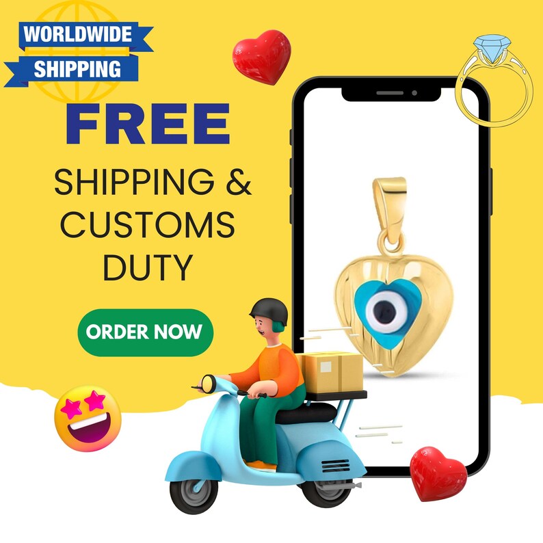 K&ouml;nnte beinhalten: Ein blauer und gelber herzf&ouml;rmiger Anh&auml;nger mit einem b&ouml;sen Auge-Anh&auml;nger h&auml;ngt an einer goldenen Kette. Der Anh&auml;nger wird auf dem Bildschirm eines Smartphones angezeigt, auf dem ein Cartoon-Lieferant auf einem Roller f&auml;hrt. Der Text "KOSTENLOSER VERSAND & ZOLL" wird auf einem gelben Hintergrund angezeigt. Der Text "JETZT BESTELLEN" wird auf einem gr&uuml;nen Button angezeigt.