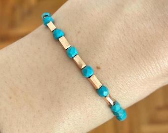 14K Solid Gold Turquoise Beaded Gemstone Bracelet - Birthday Gift