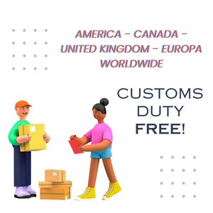 May include: A digital illustration depicts two cartoon figures with packages. The text reads "AMERICA - CANADA - UNITED KINGDOM - EUROPA WORLDWIDE" and "CUSTOMS DUTY FREE!" The figures are in a white background.