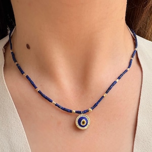 Real Lapis Lazuli Gemstone Healing Necklace 14k Solid Gold Evil Eye and Beaded / Unique Design Handmade Lapis Lazuli Necklace / Gift for Her