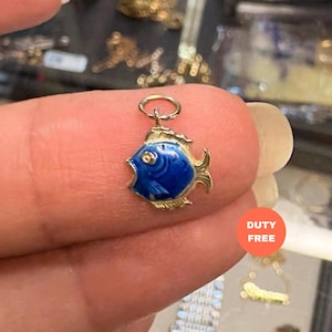 Blue Fish Charm 14K Solid Gold Necklace Pendant Fine Jewelry by Likya