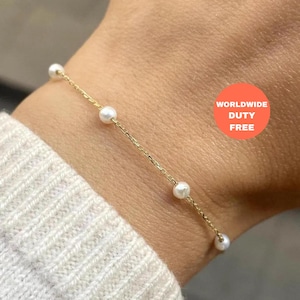 Dainty 14K Gold Bracelet: Natural Freshwater 3mm Pearl Beaded Bracelet