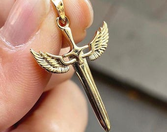 14K Solid Gold Archangel Michael Pendant Sword Necklace - Birthday Gift