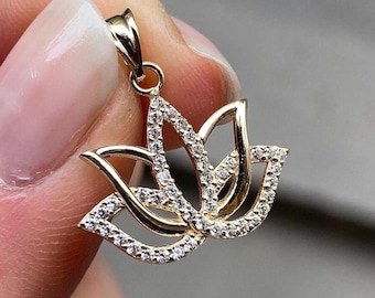14K Solid Gold Lotus Flower Necklace Elegant Charm Pendant - Birthday Gift
