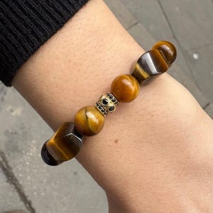 Tigerauge Armband / 8 mm Honig Farbe Steine / 14K Massiv Gold Perlen / Handgefertigter Schutz Schmuck / Erdungsenergie / Herrenschmuck