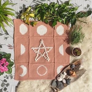 Pentagram Lunar Altar Cloth Crochet Pattern Witchy Celestial Wicca Pagan Paganism Moon Phase Boho Witchcraft Coven Spell Work Cottagecore