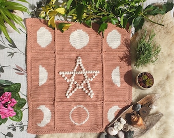 Pentagram Lunar Altar Cloth Crochet Pattern Witchy Celestial Wicca Pagan Paganism Moon Phase Boho Witchcraft Coven Spell Work Cottagecore