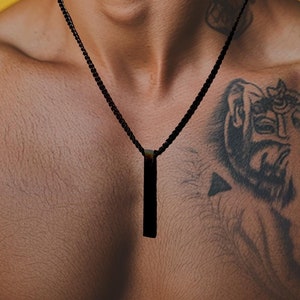 Mens Necklace - Box Chain Necklace for Men Jewelry - Masculine Chain Black Bar Necklace Bar Stainless Steel Chain Waterproof Necklace, A037
