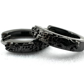 Mens Earrings - Black Huggie Earrings, Gift-for man, Minimalist, Male Earring Patterned Hoops, Edgy, Mens Black Earrings Hoops for Men, A339