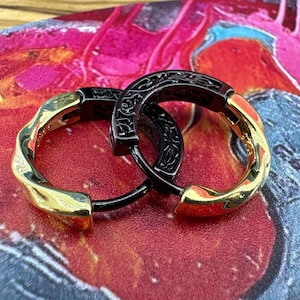 18K Gold Black Gold Hoop Earring, Mens Earring, Gold Hoop Dangle Earring, Mens Hoop Earring, Onyx Black Earring, Waterproof, A416a