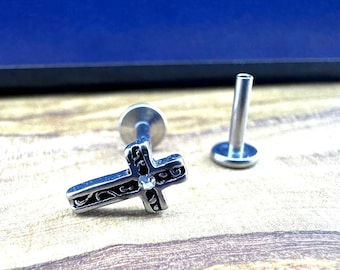 Labret Flat Back Earring Piercing | Surgical Steel Cross Tragus Helix Cartilage Internally Threaded Earring men women earrings, A474