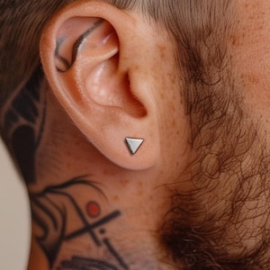 Mens Earrings Edgy Silver Triangle Studs, Minimalist Modern Masculine Geometric Gift, Everyday Waterproof A388